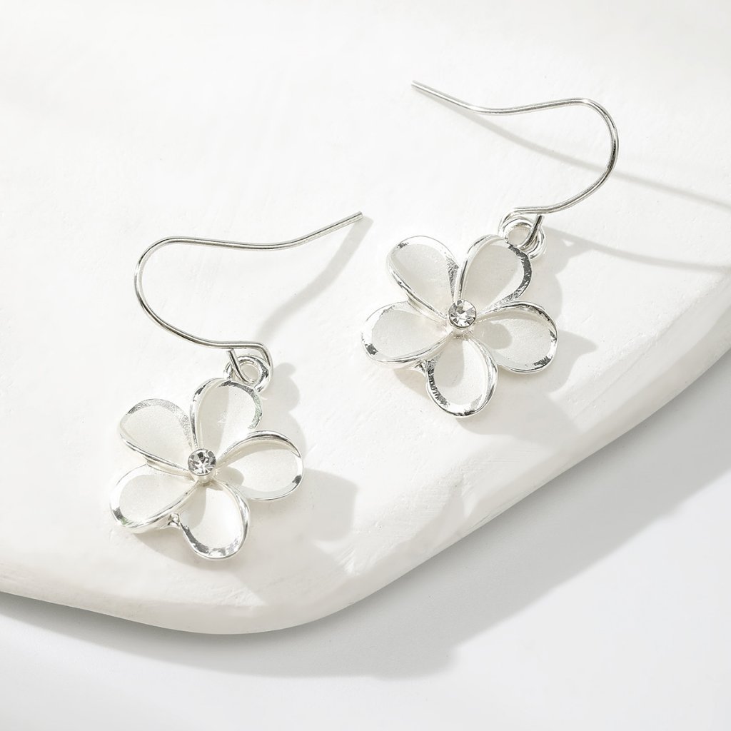 Silver Plumeria Cz Dangle Earrings